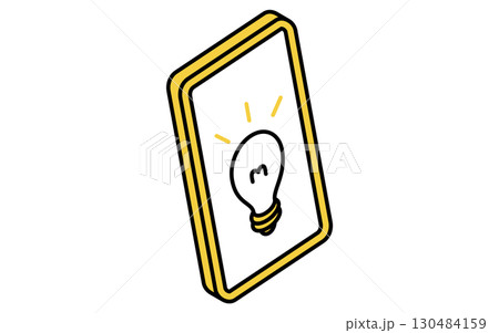 オンライン学習、スマホとアイデアやひらめきのシンプルなアイソメトリック線画イラスト 130484159