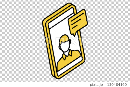 Online learning, simple isometric line drawing illustration of a man talking on a smartphone and a speech bubble 130484160