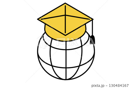 オンライン学習、卒業帽と地球のシンプルなアイソメトリック線画アイコン 130484167