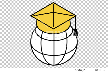 オンライン学習、卒業帽と地球のシンプルなアイソメトリック線画アイコン 130484167