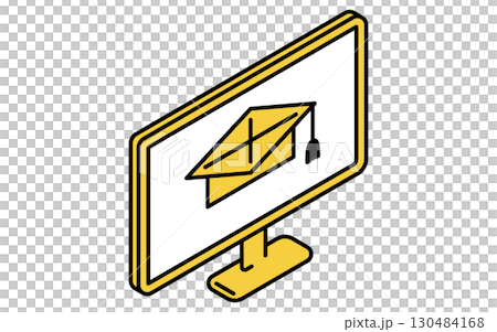 Online learning, simple isometric line icon of a monitor with a graduation cap 130484168