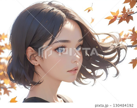 楓と女性_物思いにふける秋のポートレート(白背景) 楓と女性_物思いにふける秋のポートレート(白背景) 130484192