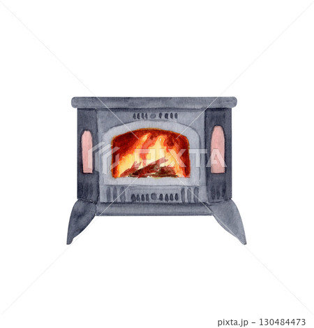 Cozy wood burning stove with bright flames inside watercolor illustration isolated on white. Perfect for winter postcards, holiday invitations, home decor, posters, seasonal social media design 130484473