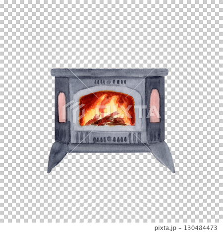Cozy wood burning stove with bright flames inside watercolor illustration isolated on white. Perfect for winter postcards, holiday invitations, home decor, posters, seasonal social media design 130484473
