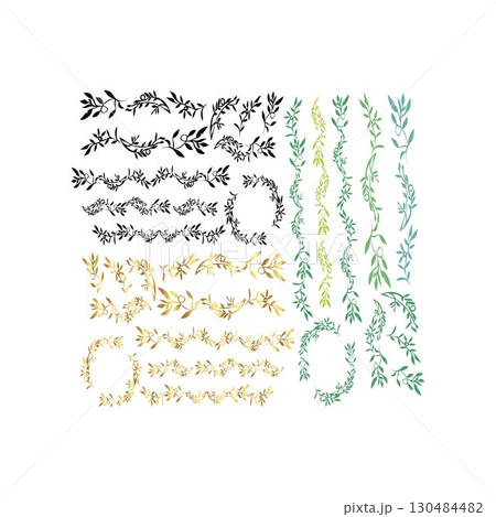 Decorative design set featuring flourish borders, corner elements, and frames, ideal for invitations, menus, and page embellishment 130484482