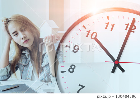 Business young teen worry stress about home billing expense overlay time clock for bill due times Business young teen worry stress about home billing expense overlay time clock for bill due times 130484596