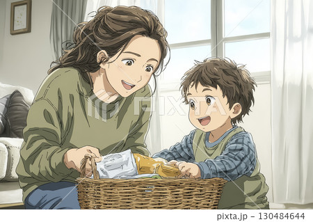 防災用品をカゴに詰める親子(穏やかな休日) 防災用品をカゴに詰める親子(穏やかな休日) 130484644