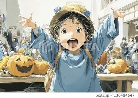 猫の仮装をした子どもがハロウィンを楽しむ様子 130484647