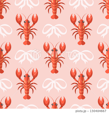 Seamless pattern with lobsters and bows on a pink background. Summer repeating seafood pattern. Mediterranean coastal design background. 130484667