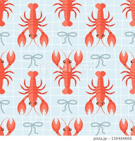 Lobster and bows seamless pattern. Summer repeating seafood pattern. Mediterranean coastal design background. 130484668