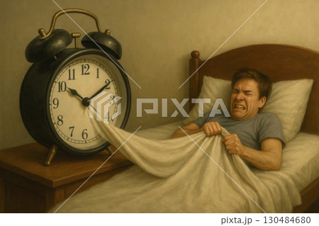 The watch tears out the blanket from a sleep-deprived man. 130484680