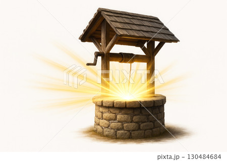 A wooden well from which a bright light emanates. Space for text. 130484684