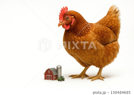 A large chicken near a small farm and a tractor on a white background. Space for text. 130484685