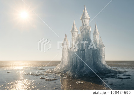 The ice castle melts on the beach under the hot sun. Space for text. The ice castle melts on the beach under the hot sun. Space for text. 130484690
