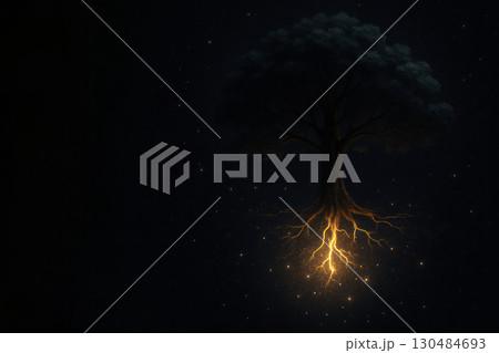 A tree among the stars with shining lightning roots. Space for text. 130484693