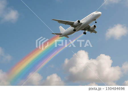 The plane flies through the sky, leaving a rainbow behind it. The plane flies through the sky, leaving a rainbow behind it. 130484696