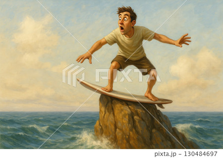 A guy is standing on a surfboard on top of a cliff in the middle of the sea. Space for text. 130484697