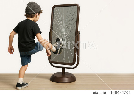 The boy kicks the mirror, breaking it, on a light background. Space for text. 130484706