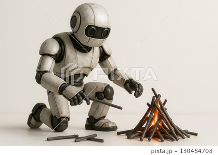 The robot lights a fire with sticks. Space for text. 130484708