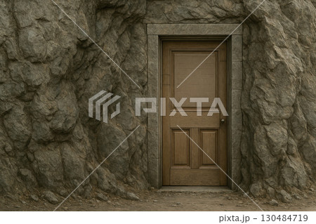 A wooden door built into the rock. A wooden door built into the rock. 130484719