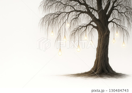 A bare tree, on the branches of which glowing bulbs hang. Space for text. 130484743