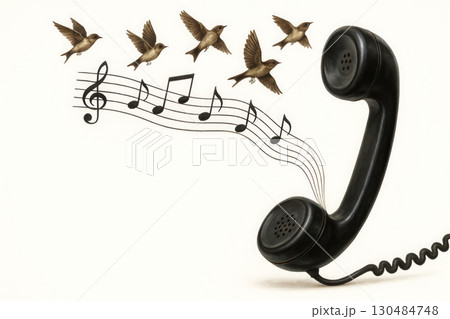 A telephone handset with sheet music and singing birds. A telephone handset with sheet music and singing birds. 130484748