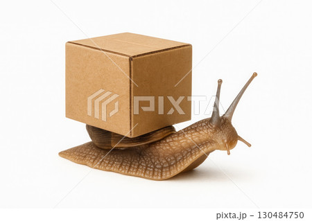 A snail carries a cardboard box on a light background. A snail carries a cardboard box on a light background. 130484750