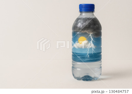 A plastic bottle with the sea, the sun and a zipper inside. Space for text. A plastic bottle with the sea, the sun and a zipper inside. Space for text. 130484757