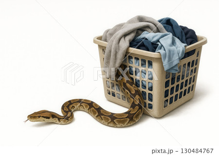 A basket of clothes from which a snake crawls out. Space for text. 130484767