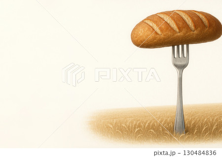 Bread on a fork in a field of wheat. Space for text. Bread on a fork in a field of wheat. Space for text. 130484836