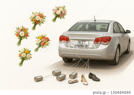 A car with a sign just married, flowers and cans on ropes. A car with a sign just married, flowers and cans on ropes. 130484840
