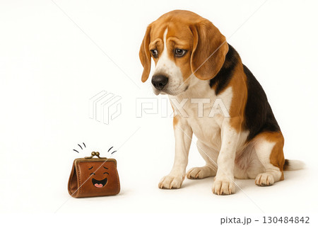 A sad dog looks at a smiling wallet. Space for text. 130484842