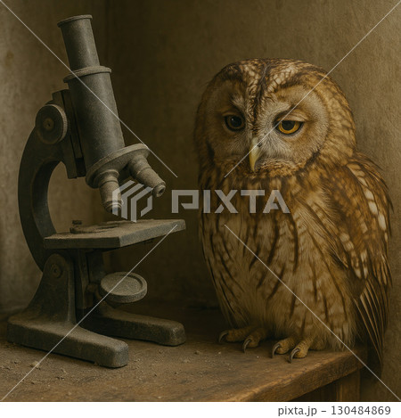 An owl next to a dusty microscope. 130484869