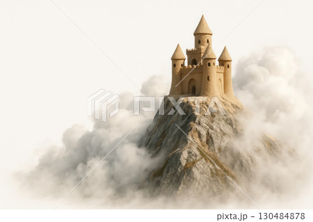 A castle on top of a cliff in the clouds. Space for text. A castle on top of a cliff in the clouds. Space for text. 130484878