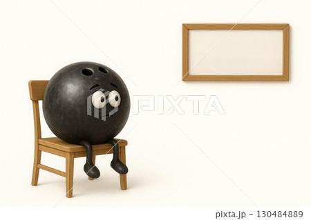 Bowling ball with eyes and legs sitting on a chair. Space for text. 130484889