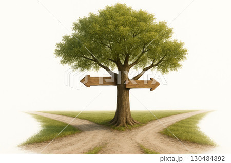 A tree with pointers in different directions. A tree with pointers in different directions. 130484892