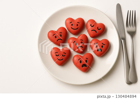 Hearts with different emotions on the plate. Space for text. Hearts with different emotions on the plate. Space for text. 130484894