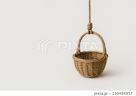 The wicker basket is suspended on a rope tied like a noose. Space for text. The wicker basket is suspended on a rope tied like a noose. Space for text. 130484957