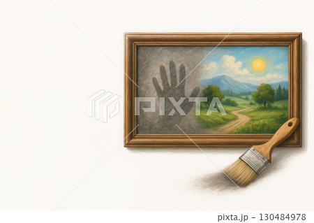 The painting is cleaned with a brush from dust, a landscape appears. Space for text. 130484978