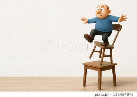 Cartoon man falling from a chair standing on another chair. Space for text. 130484979