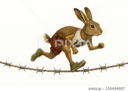 A running hare in a sports uniform on barbed wire. Space for text. 130484987