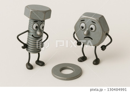Bolt, nut and washer with eyes and hands, separation concept. Bolt, nut and washer with eyes and hands, separation concept. 130484991