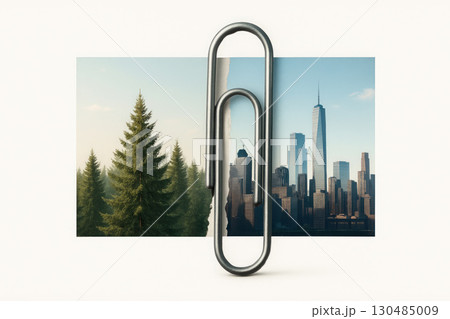 A paperclip connects the forest and the city against the background of torn paper. 130485009