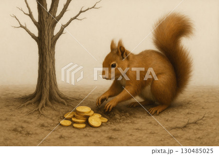 A squirrel hides gold coins under a tree. A squirrel hides gold coins under a tree. 130485025