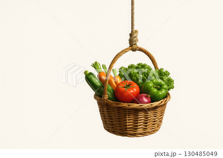 Wicker basket with vegetables on a string. Space for text. Wicker basket with vegetables on a string. Space for text. 130485049