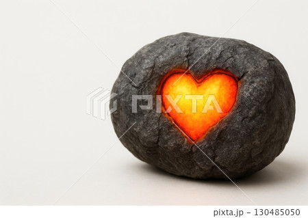 Stone with a carved glowing heart. Space for text. 130485050
