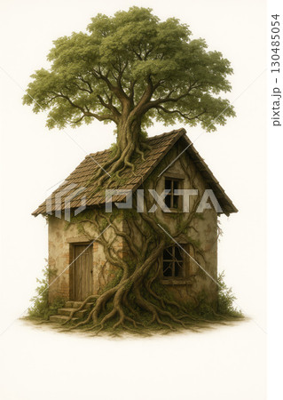 A house through which a tree has grown, roots and branches encircle the building. 130485054