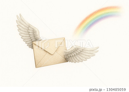 A letter with wings flying towards a rainbow. Space for text. A letter with wings flying towards a rainbow. Space for text. 130485059