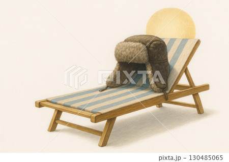 A winter hat sunbathes on a sun lounger under the sun. Space for text. A winter hat sunbathes on a sun lounger under the sun. Space for text. 130485065