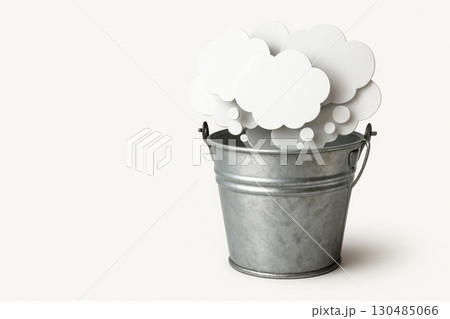 Metal bucket with white clouds and bubbles on a light background. Space for text. 130485066